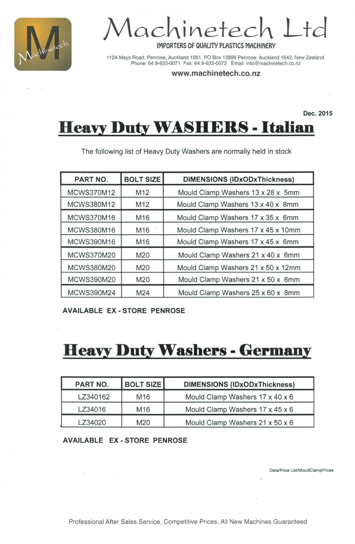 Price list for Heavy Duty WASHERS 2 -small